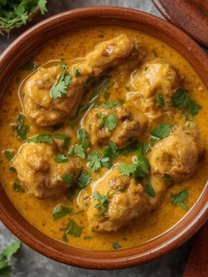 CHICKEN NAWABI (FULL) in yellow gravy in dish CHICKEN NAWABI (FULL)